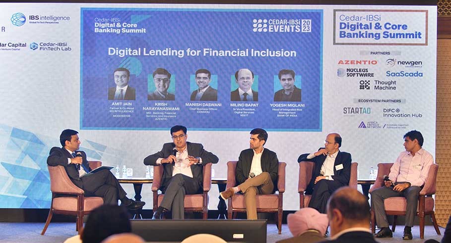 Amit Jain (Partner IBSi), Krish Narayanaswami of Azentio Software, Manish Daswani of Converj, Milind Bapat of NSEIT Ltd, and Yogesh Miglani of Bank of India.